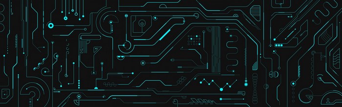 Abstract digital art of blue circuit board lines on black background