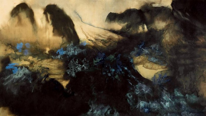 Abstract painting with dark and blue tones