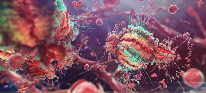 Microscopic view of cells and viruses