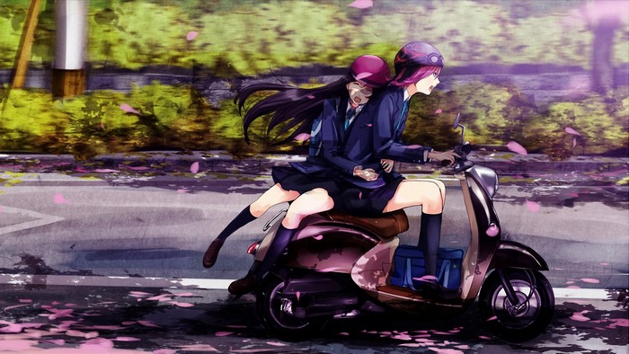 Two anime girls on a scooter with petals falling