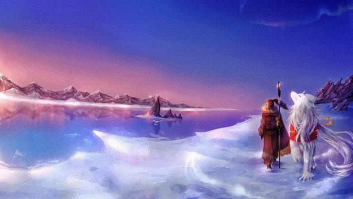 Fantasy art of a person and a white wolf in a snowy landscape