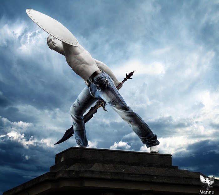 Statue of a warrior with shield and swords