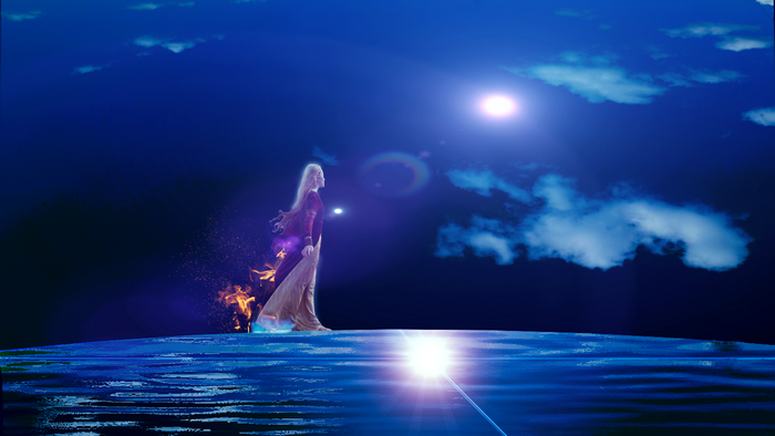 Woman walking on water with fire and light