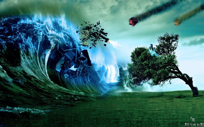 Giant wave destroying a city with meteors falling