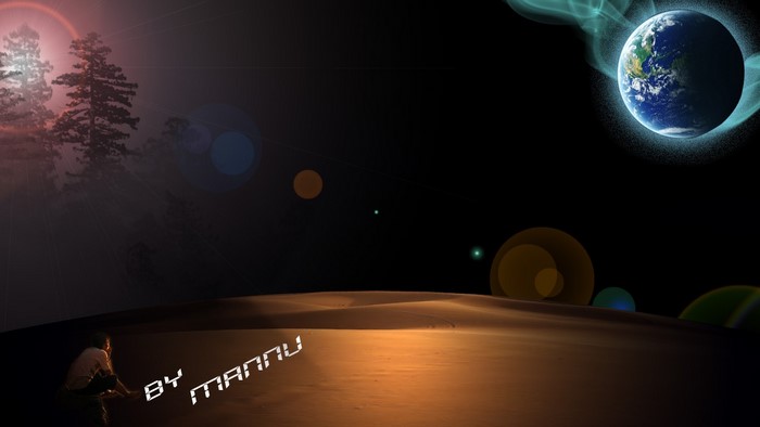 Fantasy landscape with Earth in space