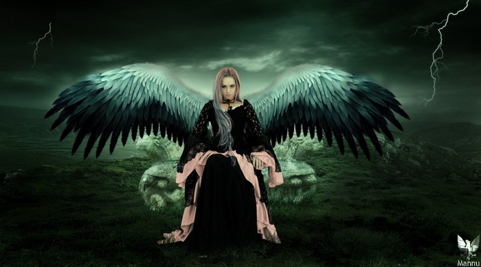 Woman with large wings sitting in a dark landscape