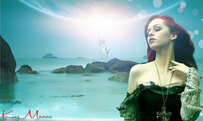 Redhead woman with Statue of Liberty in ocean