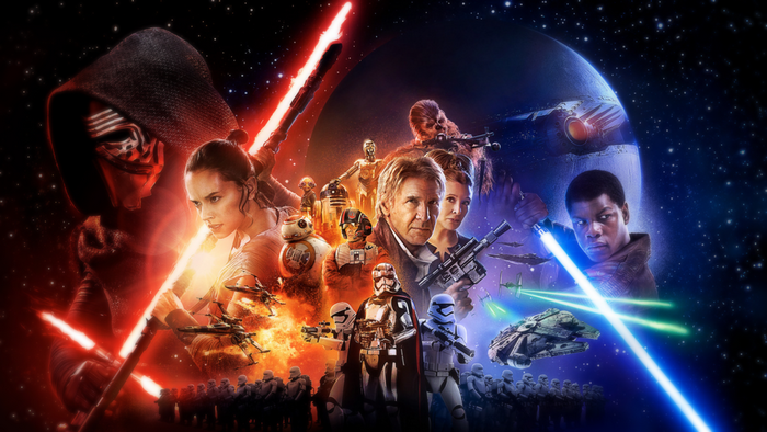 Star Wars The Force Awakens characters with lightsabers and ships