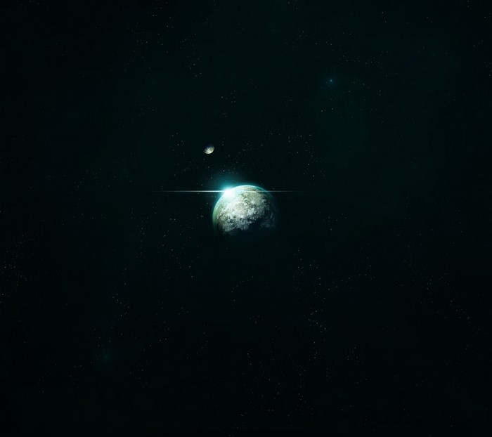 Planet and moon in outer space with stars