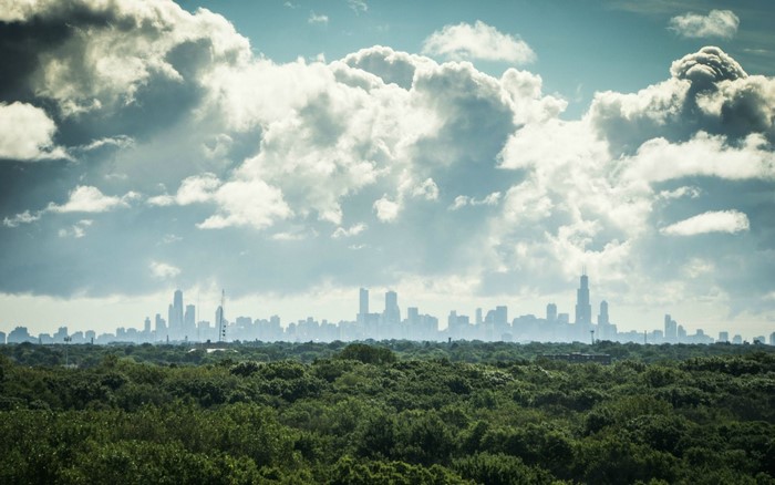 City skyline behind a forest under a cloudy sky