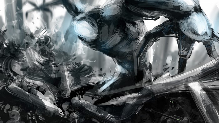 Monochrome fantasy art of a mecha creature
