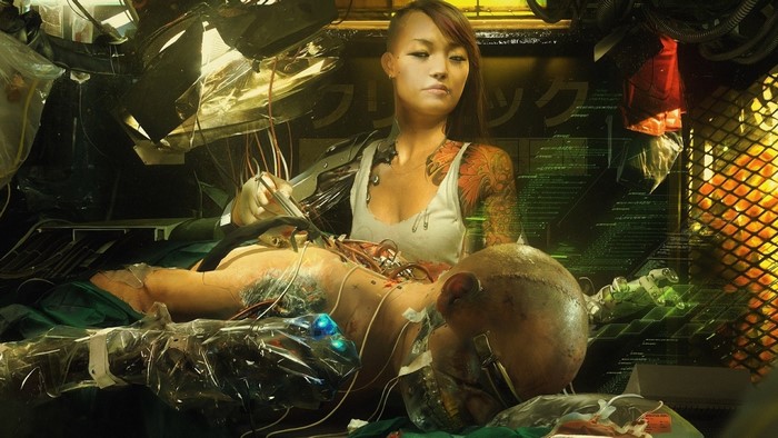 Woman with cybernetic arm performing surgery on a cyborg