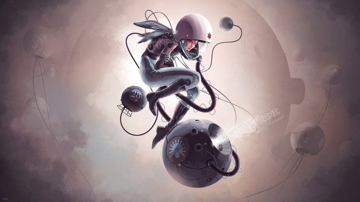 Astronaut girl with mechanical spheres in space