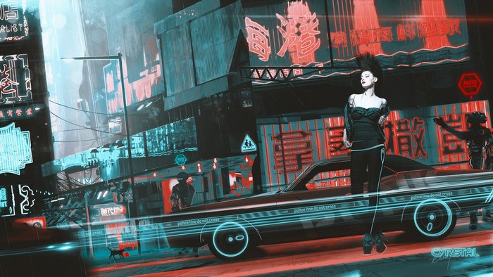 Cyberpunk street scene with woman and car