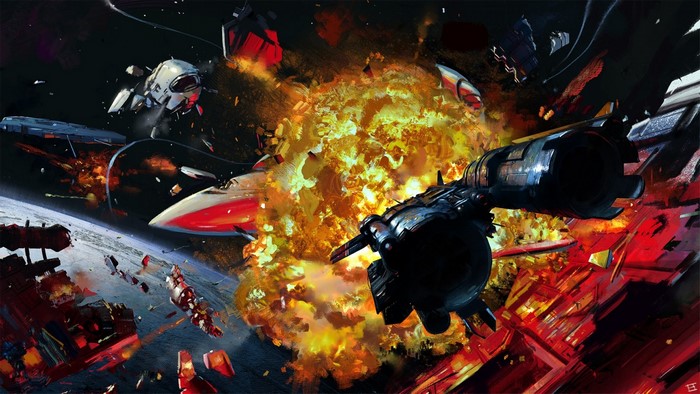 Spaceship battle with explosion in space
