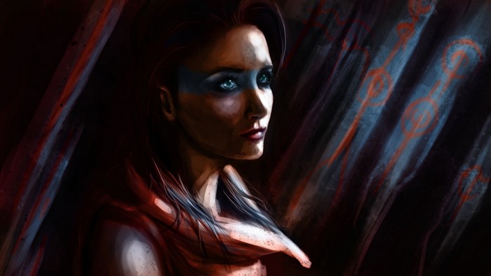 Painting of a woman with blue face paint