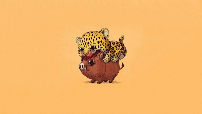 Baby leopard attacking a wild boar
