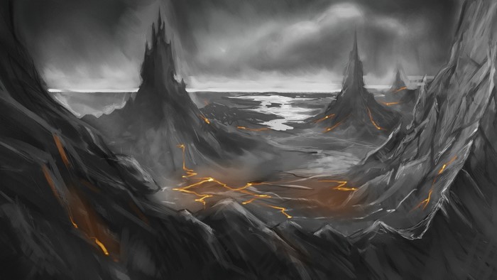 Monochrome fantasy landscape with lava flows