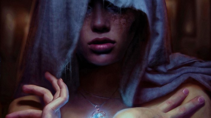 Woman with a hood and a glowing pendant