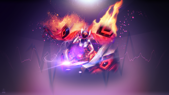 Sona from League of Legends with fiery effects
