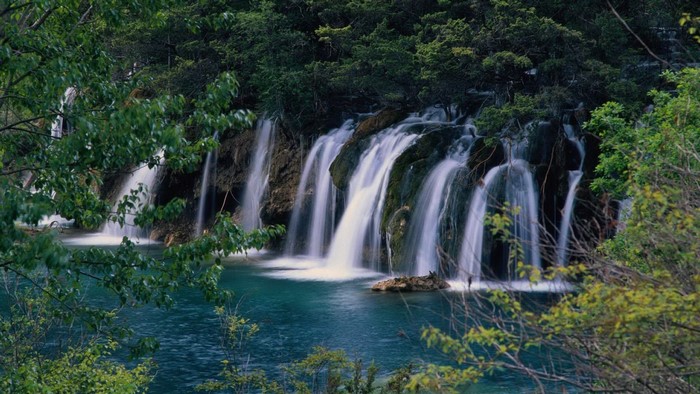 Waterfall cascading into a turquoise pool in a forest