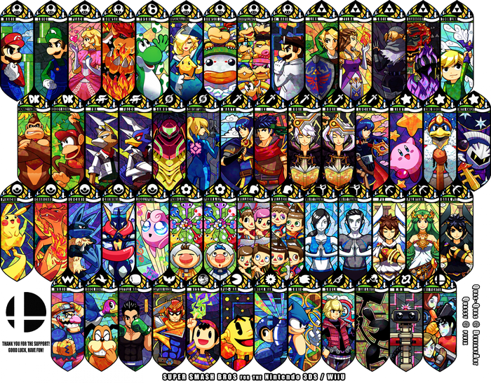 Super Smash Bros. characters in stained glass style banners