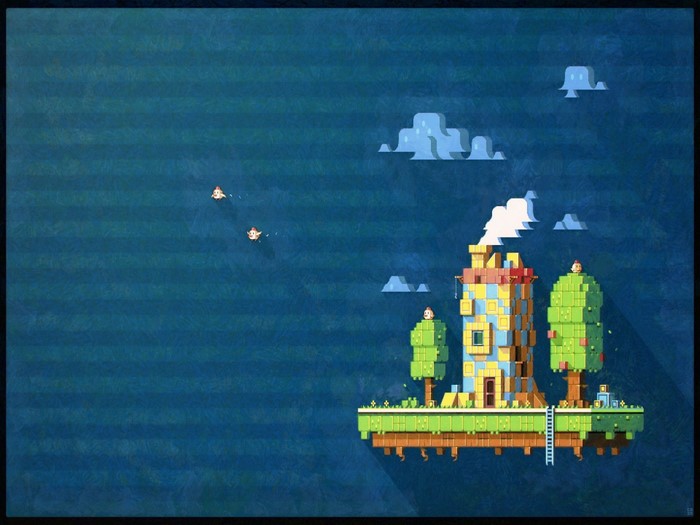 Pixel art floating island with house and trees