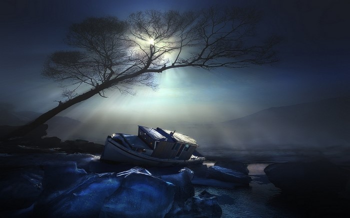 Wrecked boat on ice under a bare tree with sunlight