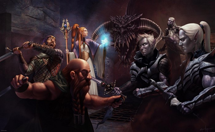 Fantasy characters fighting a dragon