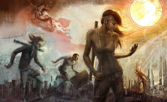 Fantasy art of people skateboarding and running in a city