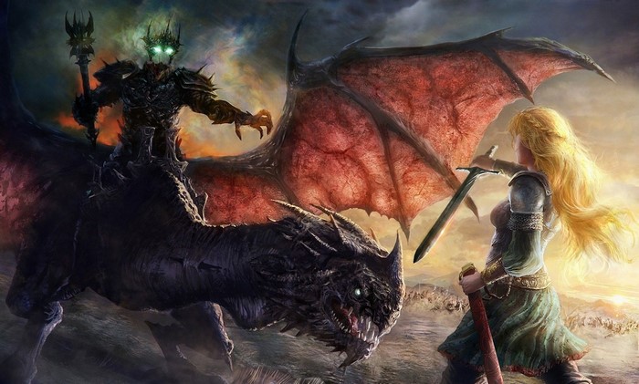 Witch-king of Angmar on Fell Beast facing a warrior