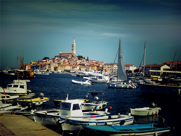 Boats in a harbor with a coastal town and church tower