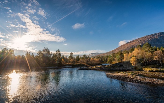 Autumn landscape with river and mountain