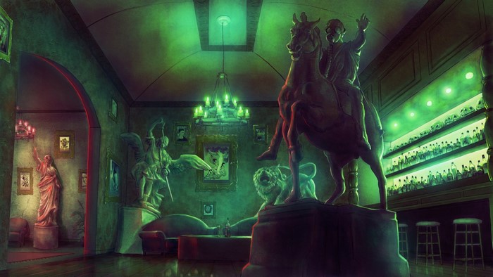 Fantasy art of a room with statues and a bar