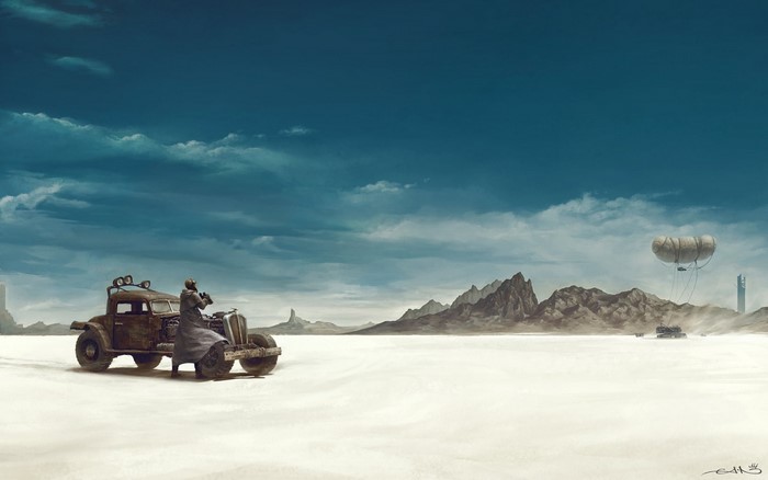 Post-apocalyptic desert scene with a modified car and airship