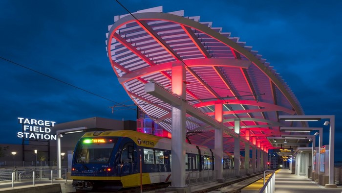 Target Field Station with Metro train at night