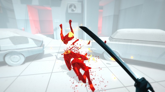 Superhot VR gameplay with katana slicing enemies