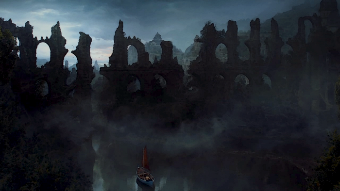 Ruins and a boat on water in Game of Thrones