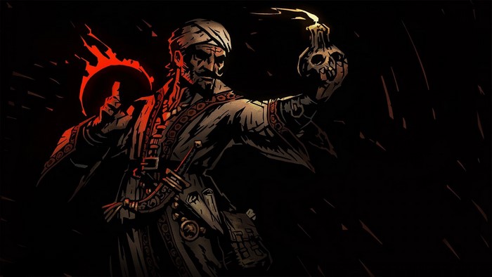 Occultist from Darkest Dungeon holding a skull flask