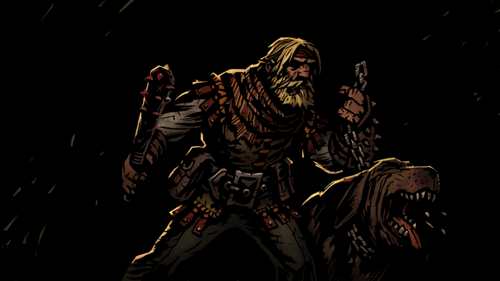 Hound Master from Darkest Dungeon with a dog