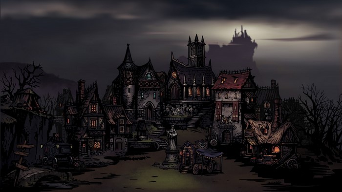 Darkest Dungeon screenshot of a dark, gothic town at dusk
