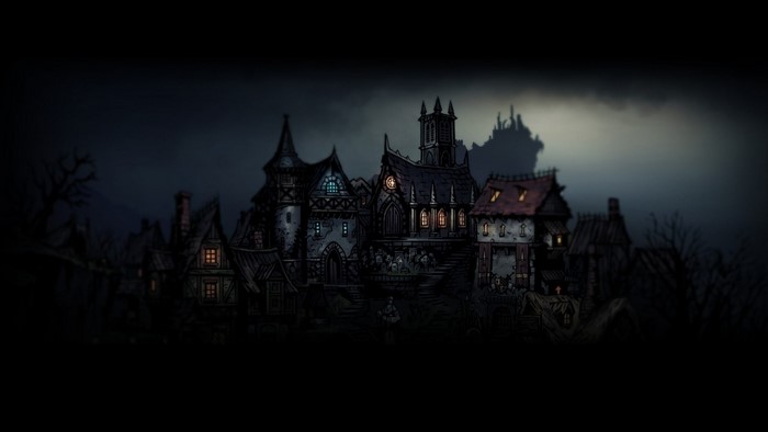 Darkest Dungeon screenshot of a dark village at night