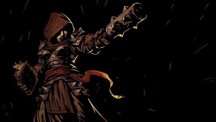 Vestal from Darkest Dungeon holding a book and a mace