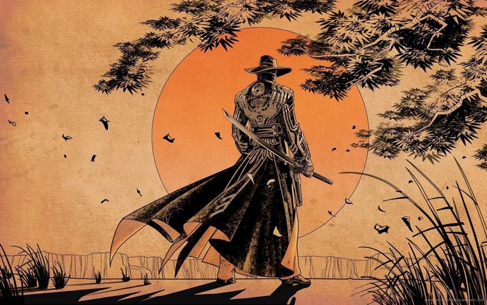 Samurai with Katana in front of a large orange sun