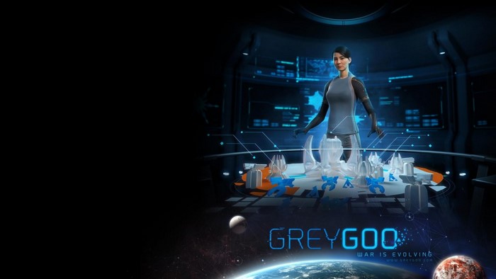 Grey Goo game art with female character and planet