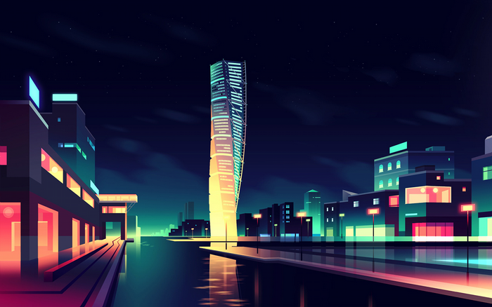 Twisted skyscraper in a neon cityscape at night