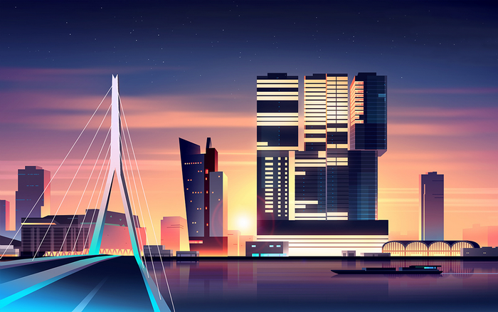 Modern cityscape with bridge and skyscrapers at dusk