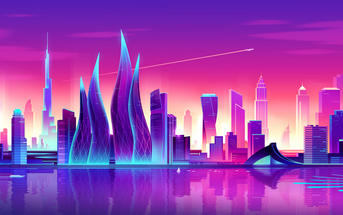 Futuristic neon cityscape with skyscrapers and reflections