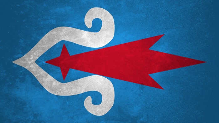 Ainu flag illustration with red star and white swirls