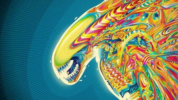 Psychedelic Xenomorph illustration with abstract colorful patterns